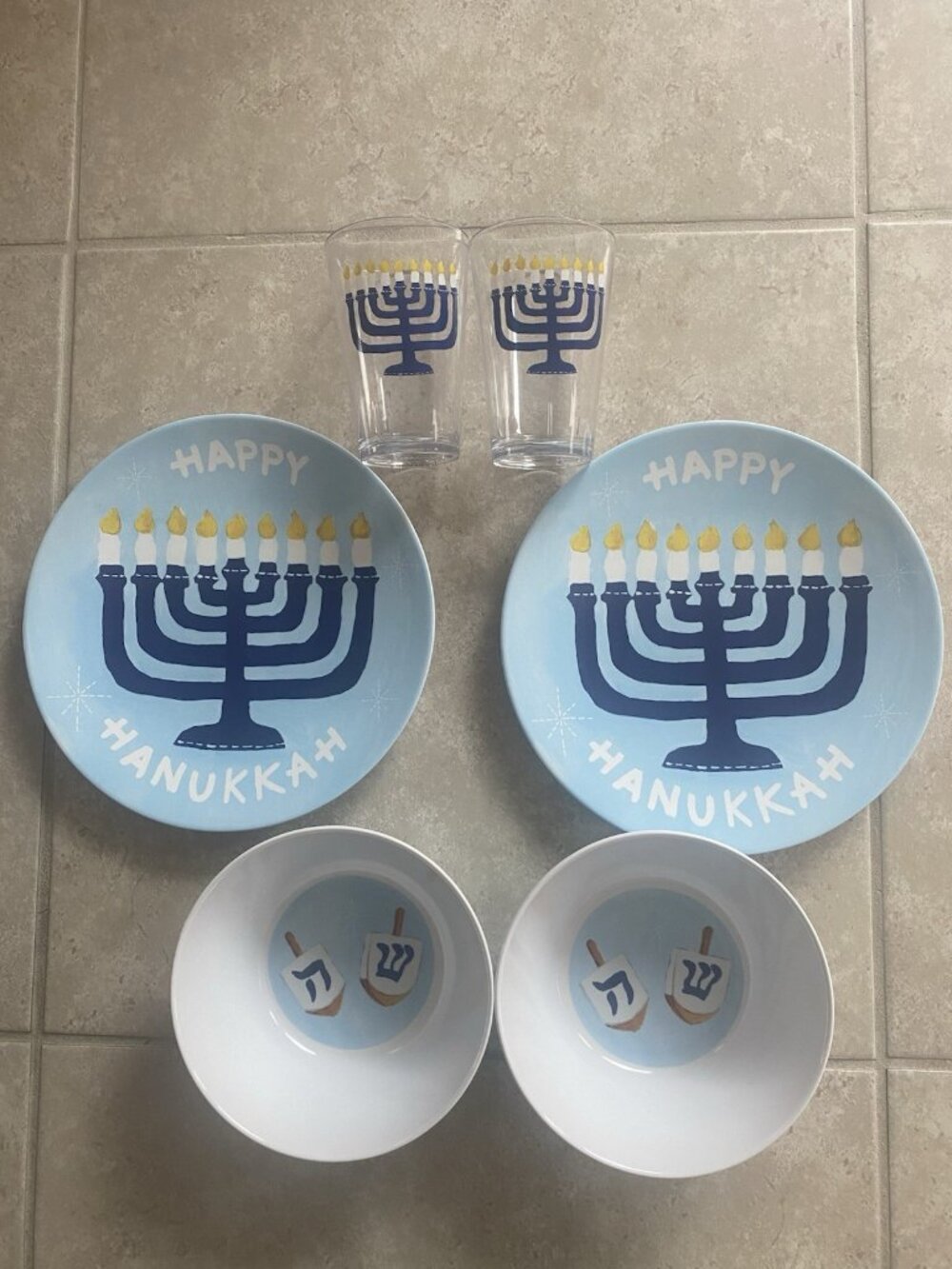 (2) Sets of Pottery Barn Kids Happy Hanukkah Place Setting-Plates, Cups, Bowls